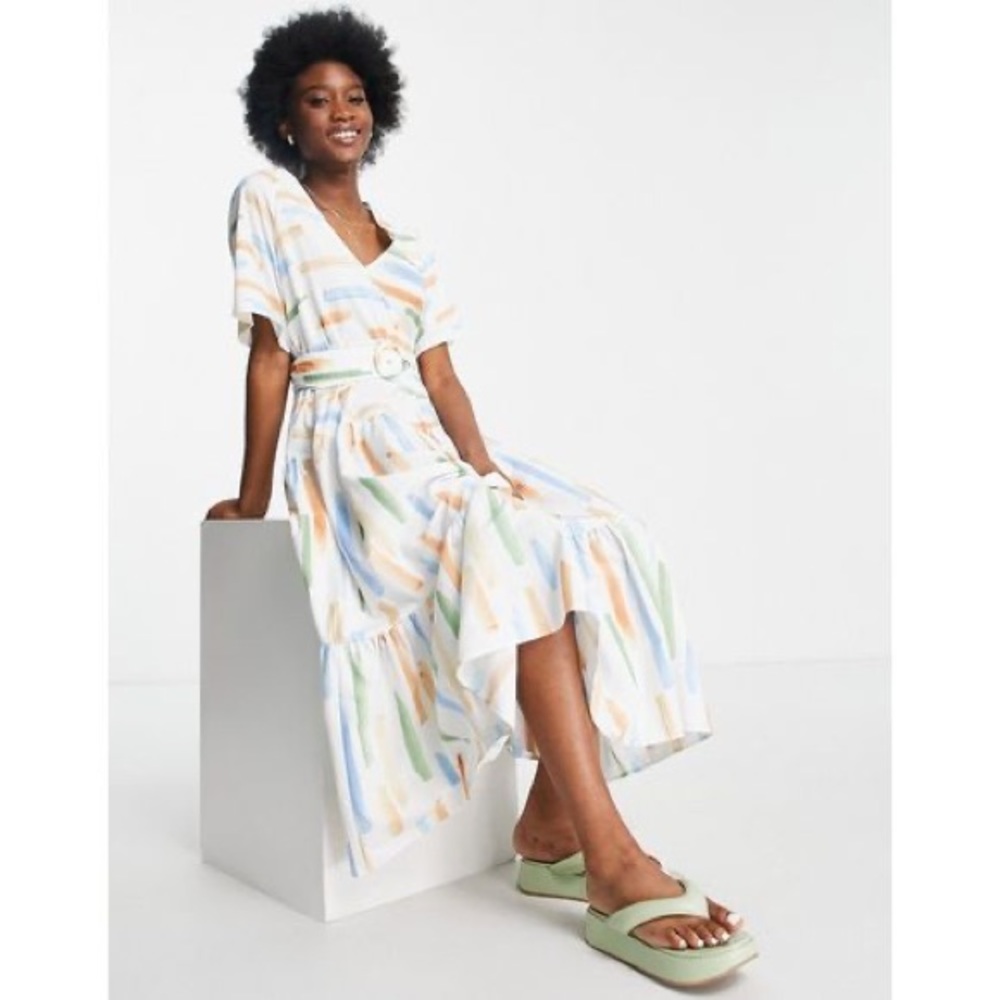 Asos Design Abstract Tiered Belted Maxi Dress